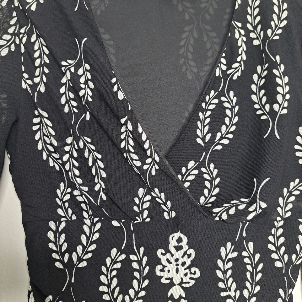 Susan Lawrence Faux Wrap Top Black White Paisley Floral Y2K Long Slv Ruched PM - Picture 6 of 15